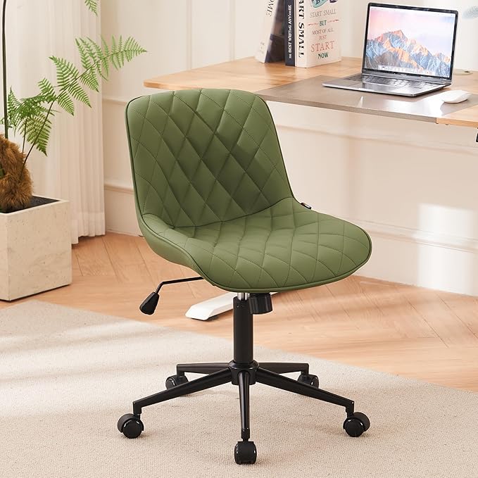 YOUNUOKE Office Chair Desk Chair with Wheels, Thick Upholstery Comfy Armless Task Chair, Home Office Chair Faux Leather Swivel Desk Chairs, Waiting Reception Chair Computer Chair, Olive Green - LeafyLoom