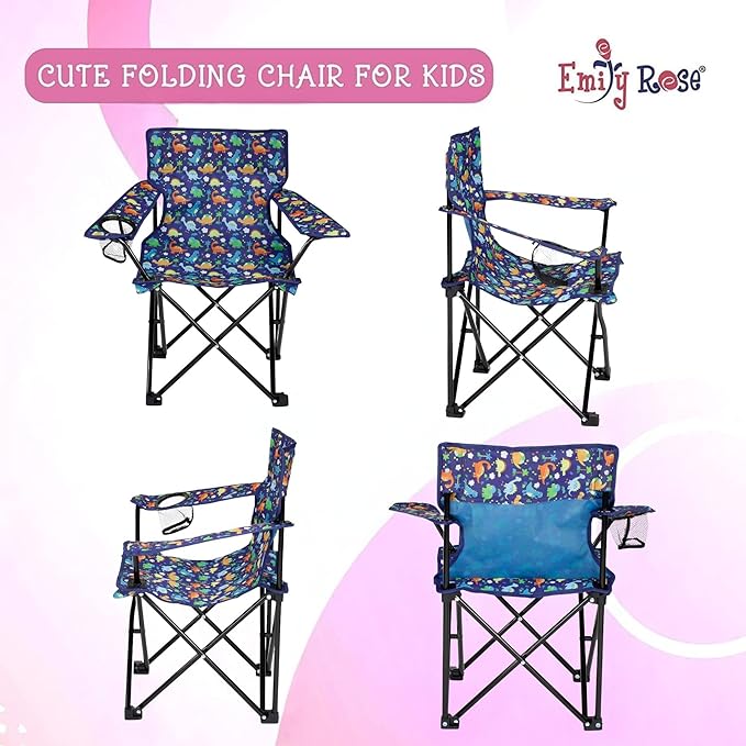 Emily Rose Kids Folding Chair | Beach Chair with Safety Lock- Camping Chair for Boyos Girls Toddler with Cup Holder & Carry Case- Tailgate, Travel, Lawn- for Indoor & Outdoor (Playful Dinosaurs) - LeafyLoom