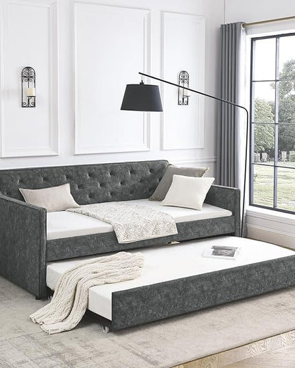 Upholstered Twin Size Daybed with Twin Trundle, Solid Wood Sofa Bed w/Button Tufted Backrest and Waved Shape Arms, for Kids, Living Room, Bedroom, Dorm, No Box Spring Needed, Grey - LeafyLoom
