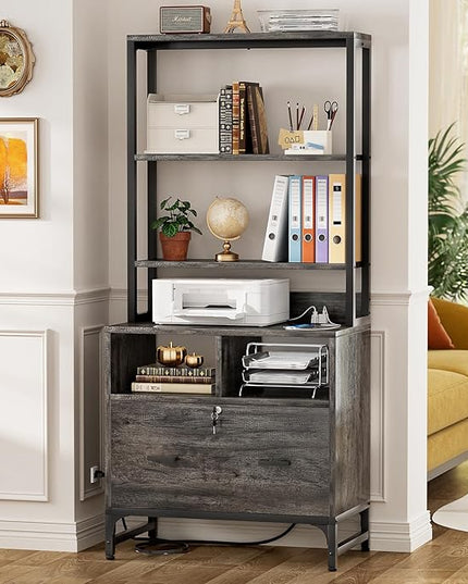 Homieasy File Cabinet with Charging Station, Vertical Filing Cabinet with Lock & Large Drawer, Printer Stand with Storage Shelves, Office Storage Cabinet fits Letter/A4/Legal Size, Grey - LeafyLoom