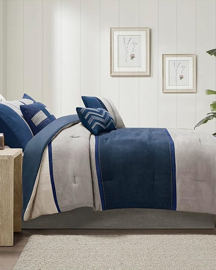Madison Park Palisades Comforter Set Modern Faux Suede Pieced Stripe Design, All Season Down Alternative Cozy Bedding with Matching Shams, Decorative Pillows, Cal King(104"x92"), Blue 7 Piece - LeafyLoom
