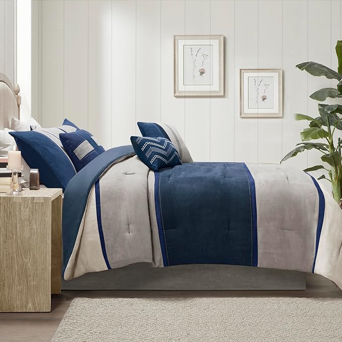 Madison Park Palisades Comforter Set Modern Faux Suede Pieced Stripe Design, All Season Down Alternative Cozy Bedding with Matching Shams, Decorative Pillows, King(104"x92"), Blue 7 Piece - LeafyLoom