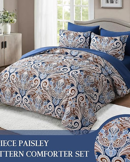 Yiran Blue Paisley Comforter Set Queen 7 Pieces Bed in a Bag Boho Comforter Lightweight Microfiber Reversible Bedding Set (1 Comforter, 1 Flat Sheet, 1 Fitted Sheet, 2 Pillowcases, 2 Pillow Shams) - LeafyLoom