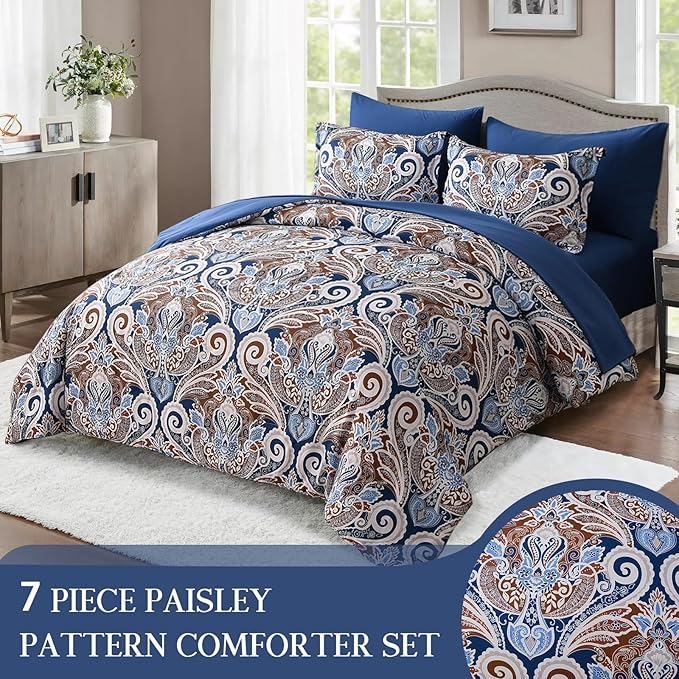 Yiran Blue Paisley Comforter Set Queen 7 Pieces Bed in a Bag Boho Comforter Lightweight Microfiber Reversible Bedding Set (1 Comforter, 1 Flat Sheet, 1 Fitted Sheet, 2 Pillowcases, 2 Pillow Shams) - LeafyLoom