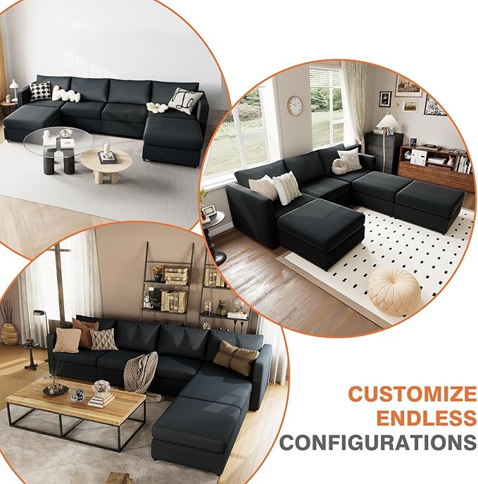 Sweetcrispy Convertible Modular Sectional Sofa, 6 Seat 6 Back Sectional Couches for Living Room, U-Shaped Modern Fabric Modular Sofa Sleeper with Double Chaise for Home, Apartment, Dorm, Dark Grey - LeafyLoom