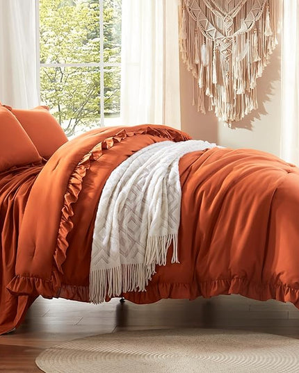 Anluoer Queen Comforter Set 7 Piece, Burnt Orange Bed in a Bag with Sheets, All Season Ruffle Shabby Chic Bedding Sets with 1 Comforter, 2 Pillow Shams, 2 Pillowcases, 1 Flat Sheet, 1 Fitted Sheet - LeafyLoom