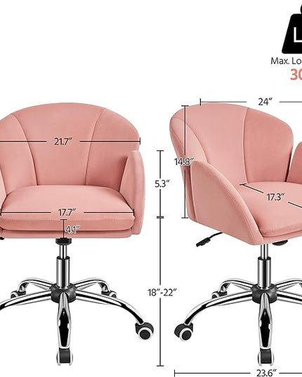 Yaheetech Cute Velvet Desk Chair for Home Office, Makeup Vanity Chair with Armrests for Bedroom Modern Swivel Rolling Chair for Women Pink - LeafyLoom