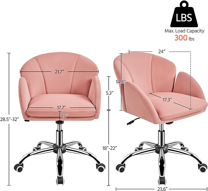 Yaheetech Cute Velvet Desk Chair for Home Office, Makeup Vanity Chair with Armrests for Bedroom Modern Swivel Rolling Chair for Women Pink - LeafyLoom