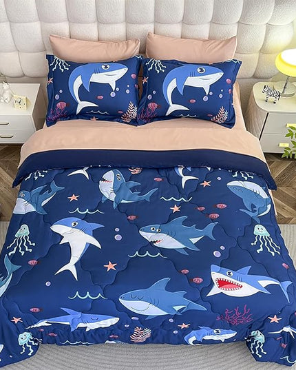 Boys Sharks Comforter Set Twin Size 7 Piece Cute Ocean Animal Jellyfish 3D Printed Bedding Set Bed in A Bag for Kids Girls Teens Lightweight Soft Bed Set All Seasons Navy Blue - LeafyLoom