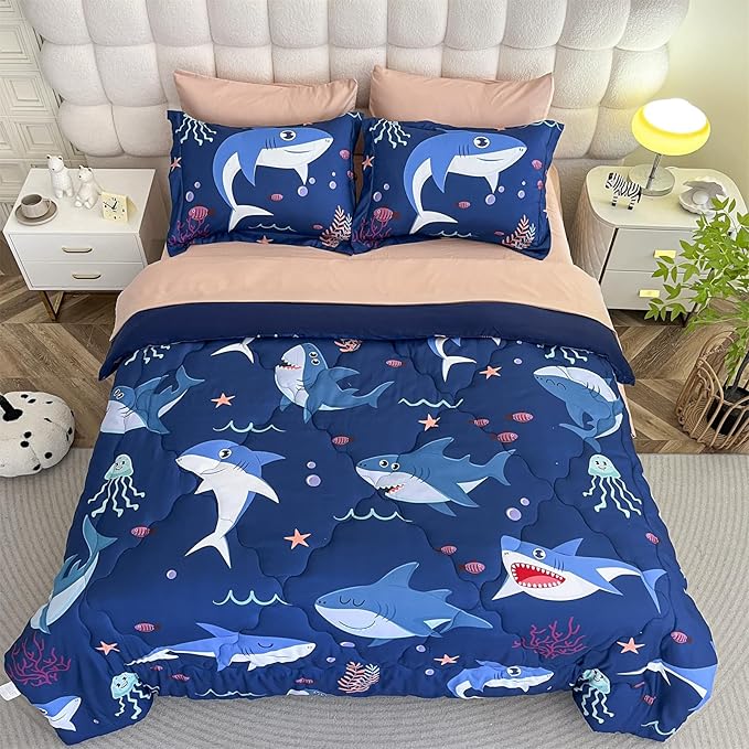 Boys Sharks Comforter Set Twin Size 7 Piece Cute Ocean Animal Jellyfish 3D Printed Bedding Set Bed in A Bag for Kids Girls Teens Lightweight Soft Bed Set All Seasons Navy Blue - LeafyLoom