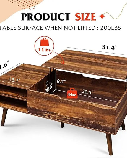WLIVE Wood Lift Top Coffee Table with Adjustable Storage Shelf and Hidden Compartment, Lift Tabletop Dining Table for Living Room and Office, Rustic Oak - LeafyLoom