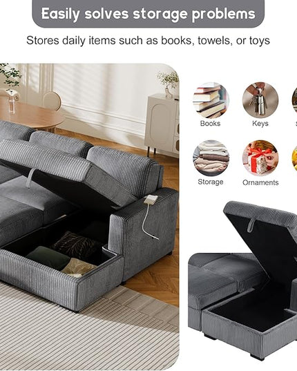 116.5" U-Shaped Corduroy Modular Sectional Storage Chaise and Pulled Out Bed, 6-Seater Oversized Corner Sofa w/USB Interfaces for Living Room, Office, Spacious Space, Gray, 116.5 Inch - LeafyLoom