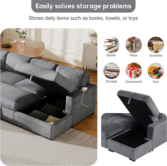 116.5" U-Shaped Corduroy Modular Sectional Storage Chaise and Pulled Out Bed, 6-Seater Oversized Corner Sofa w/USB Interfaces for Living Room, Office, Spacious Space, Gray, 116.5 Inch - LeafyLoom