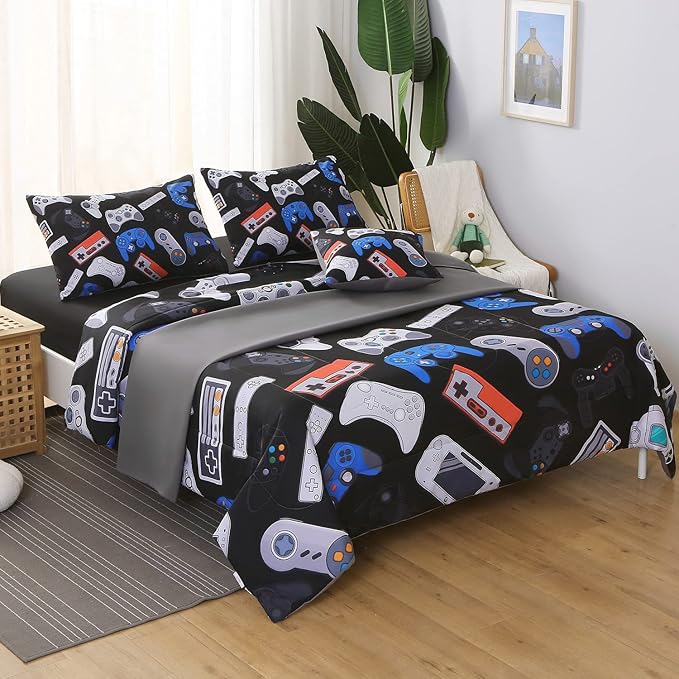 JQinHome Queen Gamer Comforter Set for Boys,6 Piece Bed in A Bag 3D Video Game Bedding -All Season Soft Microfiber Down Alternative Comforter Gamer Bedding Sets for Kids(Gamepad Collection) - LeafyLoom