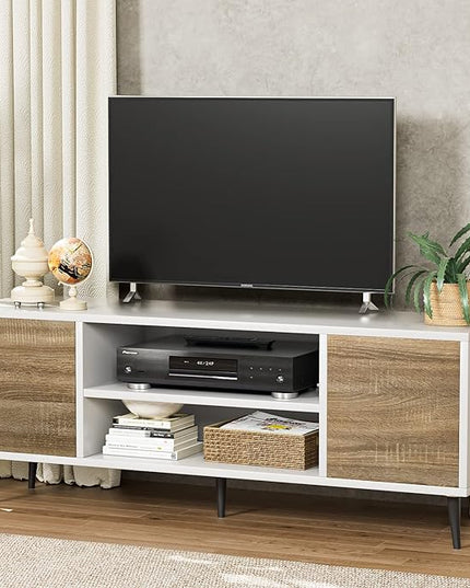 YESHOMY Modern TV Stand for 65" Television, Entertainment Center with Two Storage Cabinets, Retro Style Media Console for Living Room, Bedroom, Office, 58 Inch, White and Coffee - LeafyLoom
