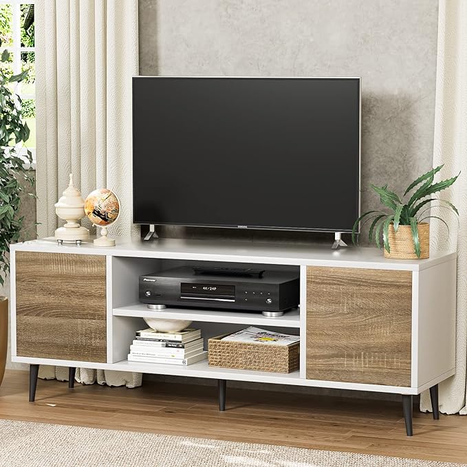 YESHOMY Modern TV Stand for 65" Television, Entertainment Center with Two Storage Cabinets, Retro Style Media Console for Living Room, Bedroom, Office, 58 Inch, White and Coffee - LeafyLoom