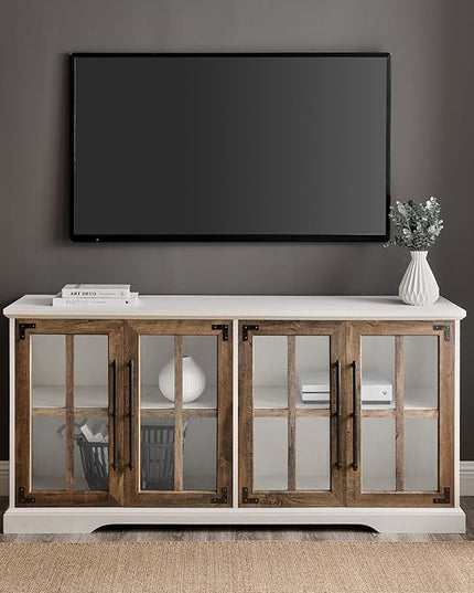 Walker Edison Modern Glass and Wood Universal TV Stand with 4 Door Storage For TV's up to 64" Flat Screen Living Room Storage Entertainment Center, 58 Inch, Rustic Oak - LeafyLoom