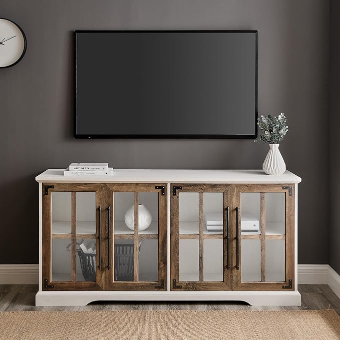 Walker Edison Modern Glass and Wood Universal TV Stand with 4 Door Storage For TV's up to 64" Flat Screen Living Room Storage Entertainment Center, 58 Inch, Rustic Oak - LeafyLoom