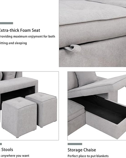 104" L Shape Reversible Sectional Sofa w/Pull Out Bed &Storage Chaise, Linen Upholstered Sleeper Couch with 2 Stools, for Living Room, Bedroom and Small Apartment, 104 Inch, Gray - LeafyLoom