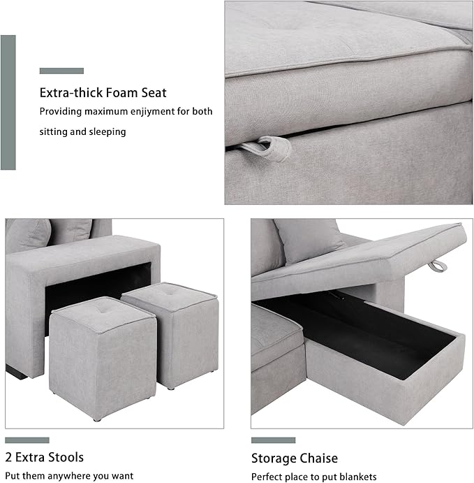 104" L Shape Reversible Sectional Sofa w/Pull Out Bed &Storage Chaise, Linen Upholstered Sleeper Couch with 2 Stools, for Living Room, Bedroom and Small Apartment, 104 Inch, Gray - LeafyLoom
