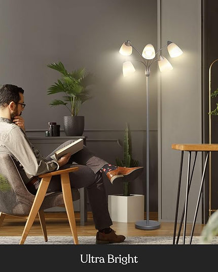 Brightech Medusa LED Floor Lamp – Multi-Head Dimmable Floor Lamp for Living Rooms & Offices – Tall Lamp with Interchangeable Shades, Adjustable Standing Lamp for Bedroom Reading – Silver - LeafyLoom