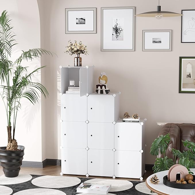 C&AHOME Cube Storage Organizer with Doors, 9-Cube Shelf, Closet Cabinet, DIY Plastic Modular Bookshelf, Storage Shelves Ideal for Bedroom,Living Room,36.6”L x 12.4”W x 36.6”H Milky USHS3009M-DOOR - LeafyLoom