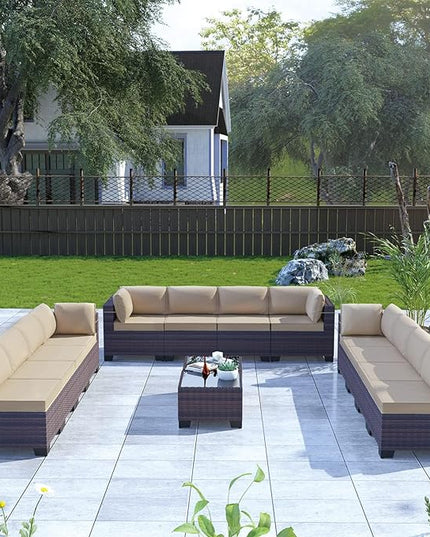 Kullavik 14PCS Outdoor Patio Furniture Set PE Wicker Rattan Sectional Sofa Patio Conversation Sets,Sand - LeafyLoom