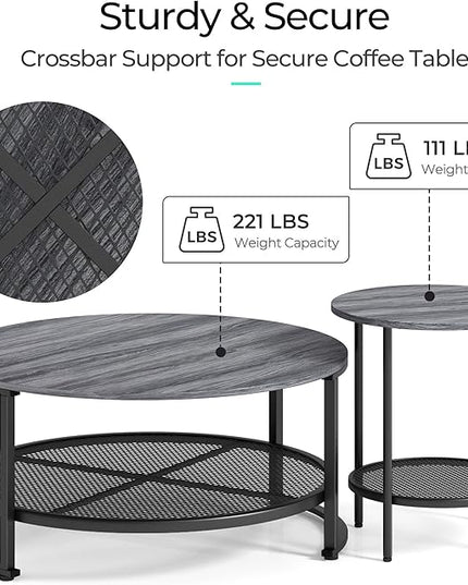 LINSY Home Round Coffee Table Set of 2 for Living Room, Grey Coffee Table with Open Storage,Wood Surface Top & Sturdy Metal Legs Large Circle Coffee Table for Industrial or Modern Design Home - LeafyLoom