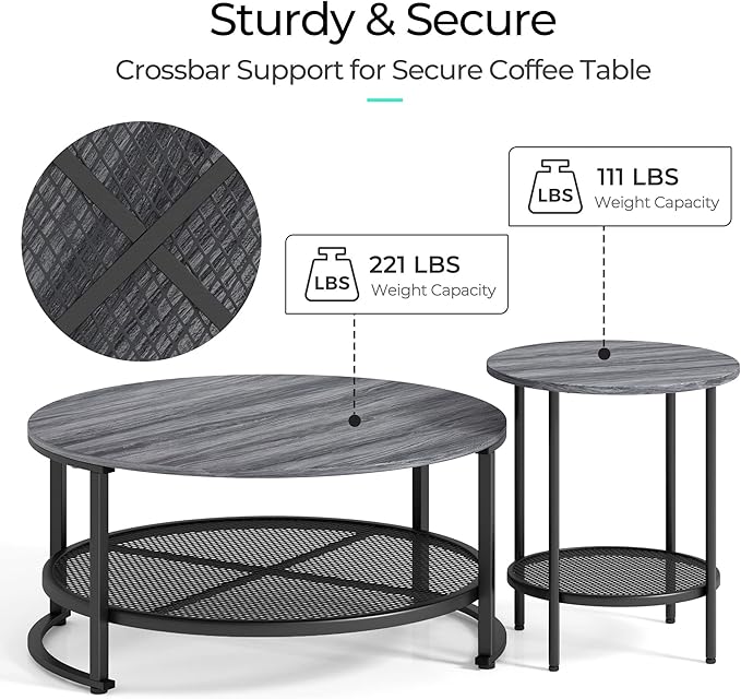LINSY Home Round Coffee Table Set of 2 for Living Room, Grey Coffee Table with Open Storage,Wood Surface Top & Sturdy Metal Legs Large Circle Coffee Table for Industrial or Modern Design Home - LeafyLoom