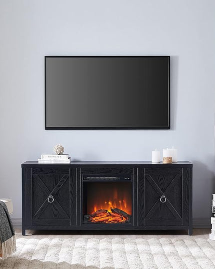 Henn&Hart Rectangular TV Stand with Log Fireplace for TV's up to 65" in Black, Electric Fireplace TV Stands for the Living Room - LeafyLoom