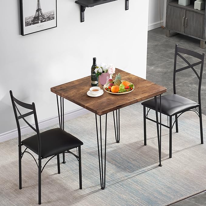 VECELO 3-Piece Dining Room Kitchen Table and Pu Cushion Chair Sets for Small Space, Seating for two, Brown - LeafyLoom