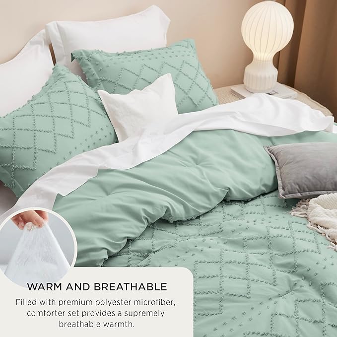 Bedsure King Size Comforter Set - Sage Green Comforter, Boho Tufted Shabby Chic Bedding Comforter Set, 3 Pieces Farmhouse Bed Set for All Seasons, Fluffy Soft Bedding Set with 2 Pillow Shams - LeafyLoom