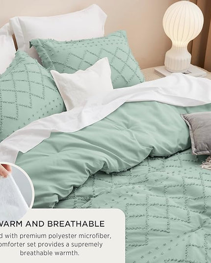 Bedsure Full Size Comforter Set - Sage Green Comforter, Boho Tufted Shabby Chic Bedding Comforter Set, 3 Pieces Farmhouse Bed Set for All Seasons, Fluffy Soft Bedding Set with 2 Pillow Shams - LeafyLoom