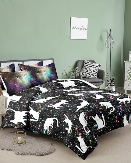 Tailor Shop Cat Comforter Set for Kids Boys Girls Teens Cute Cartoon Cat Galaxy Bedding Sets Black Dreamy Outer Space Queen Size with 1 Comforter 2 Pillow Shams……… - LeafyLoom