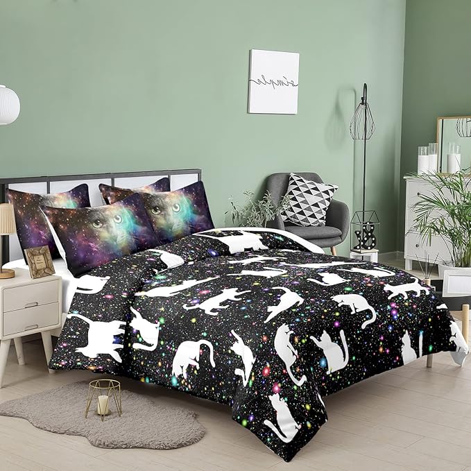 Tailor Shop Cat Comforter Set for Kids Boys Girls Teens Cute Cartoon Cat Galaxy Bedding Sets Black Dreamy Outer Space Queen Size with 1 Comforter 2 Pillow Shams……… - LeafyLoom