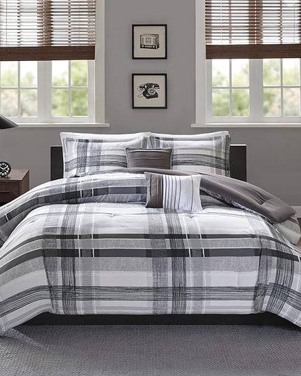 Intelligent Design Rudy Cozy Comforter Casual Cabin Lodge Plaid Design, All Season, Hypoallergenic Cover, Soft Bedding Set with Matching Sham, Decorative Pillow, Black Twin / Twin XL - LeafyLoom