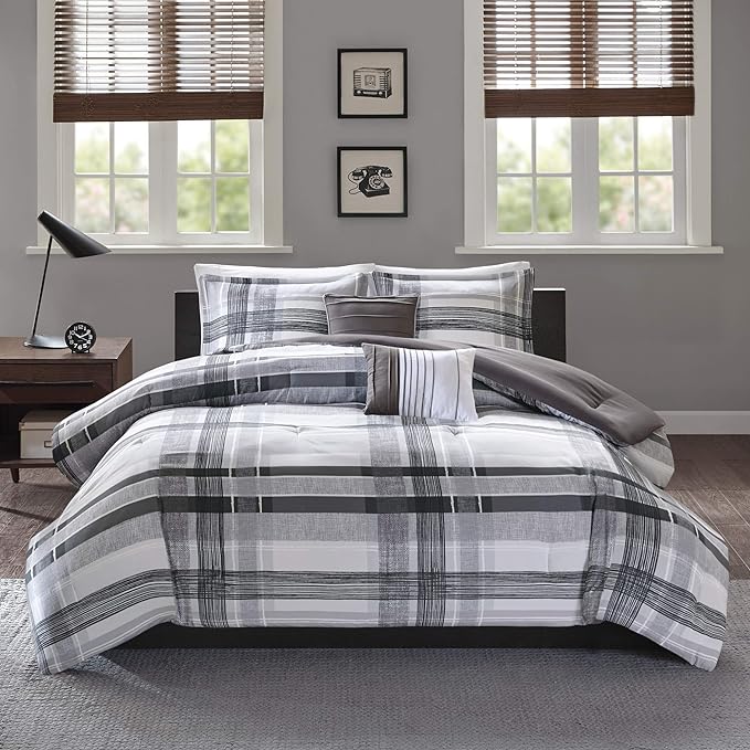 Intelligent Design Rudy Cozy Comforter Casual Cabin Lodge Plaid Design, All Season, Hypoallergenic Cover, Soft Bedding Set with Matching Sham, Decorative Pillow, Black Twin / Twin XL - LeafyLoom