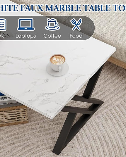 Coffee Table White Living Room Center Table, Simple Modern Faux Marble Rectangular Tea Table with Sturdy Black Metal Frame,Industrial Wooden Coffee Table for Bedroom Home Office - LeafyLoom