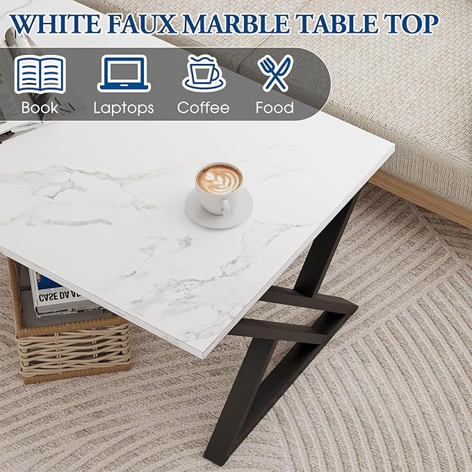 Coffee Table White Living Room Center Table, Simple Modern Faux Marble Rectangular Tea Table with Sturdy Black Metal Frame,Industrial Wooden Coffee Table for Bedroom Home Office - LeafyLoom