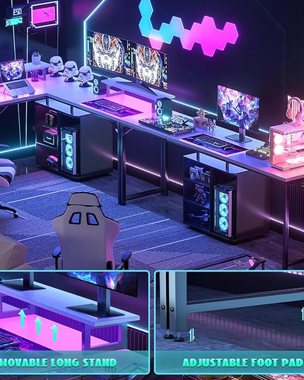 Cyclysio L Shaped Gaming Desk with Wood Cabinet, 58" Large Corner Desk with LED Lights & Power Outlet, Reversible Computer Desk with Monitor Stand, Home Office Desk 2 Person Corner Desk, White Black - LeafyLoom
