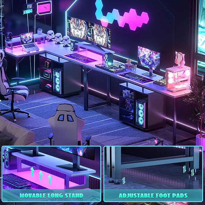 Cyclysio L Shaped Gaming Desk with Wood Cabinet, 58" Large Corner Desk with LED Lights & Power Outlet, Reversible Computer Desk with Monitor Stand, Home Office Desk 2 Person Corner Desk, White Black - LeafyLoom