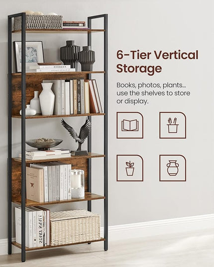 VASAGLE 6-Tier Bookshelf, Book Shelf, Industrial Bookcase, with Steel Frame, for Living Room, Home Office, Bedroom, 9.4 x 23.6 x 73.2 Inches, Rustic Brown and Black ULLS113B01 - LeafyLoom