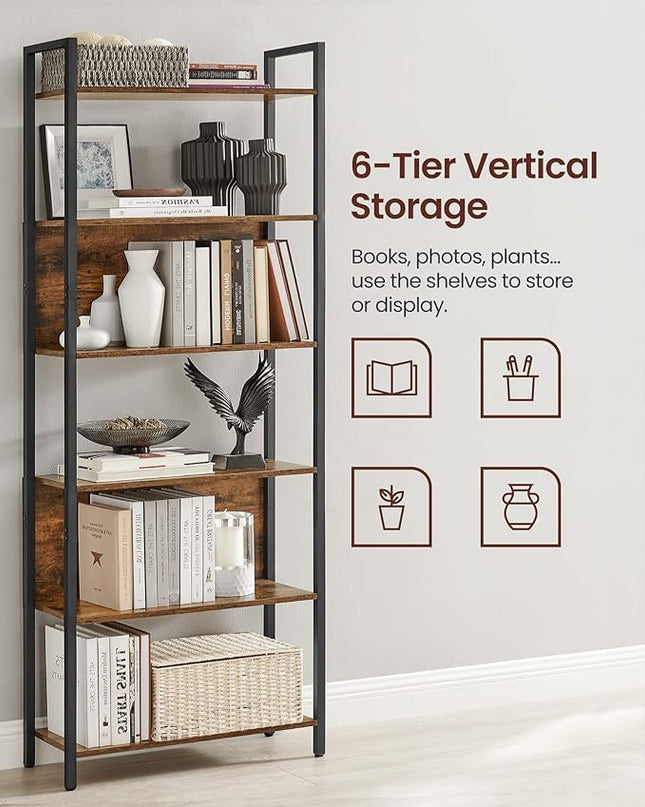VASAGLE 6-Tier Bookshelf, Book Shelf, Industrial Bookcase, with Steel Frame, for Living Room, Home Office, Bedroom, 9.4 x 23.6 x 73.2 Inches, Rustic Brown and Black ULLS113B01 - LeafyLoom