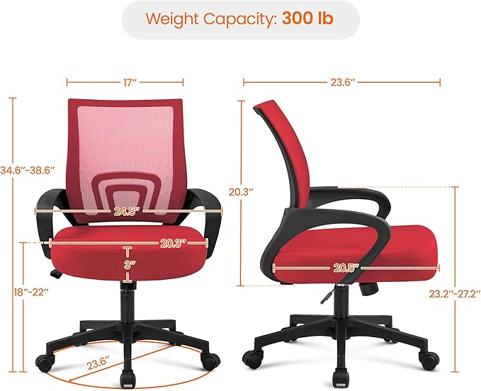 Yaheetech Office Chair Desk Chair Mid Back Mesh Task Chair Computer Chair Ergonomic Rolling Swivel Chair Adjustable Executive Chair with Lumbar Support Armrests, Red - LeafyLoom