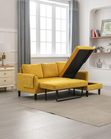 72.44" L-Shaped Reversible Sectional Sofa w/Pull Out Bed & Storage Chaise Lounge,Interior Furniture Comfy Sleeper Corner Couch with 3 Throw Pillows and Pockets,for Dorm,Apartment,Yellow - LeafyLoom