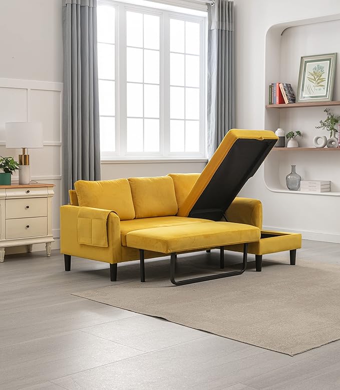72.44" L-Shaped Reversible Sectional Sofa w/Pull Out Bed & Storage Chaise Lounge,Interior Furniture Comfy Sleeper Corner Couch with 3 Throw Pillows and Pockets,for Dorm,Apartment,Yellow - LeafyLoom