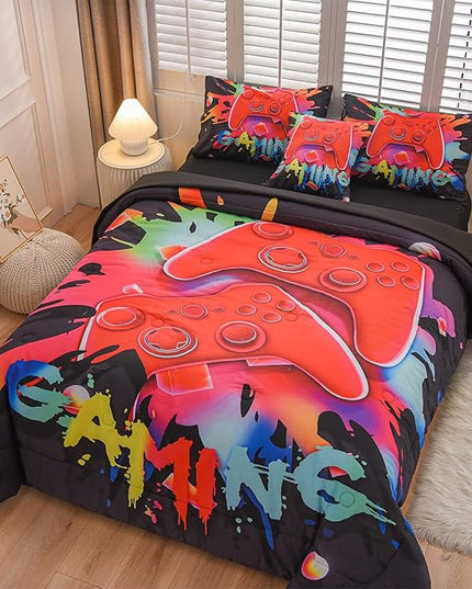 Aimuan Gamer Gaming Bedding Sets 3D Gamepad Comforter Sets for Boys Games Console Action Buttons Novelty Colorful Game Controller Modern Room Decor Home Quilt Set (Black, Twin 6PCS) - LeafyLoom