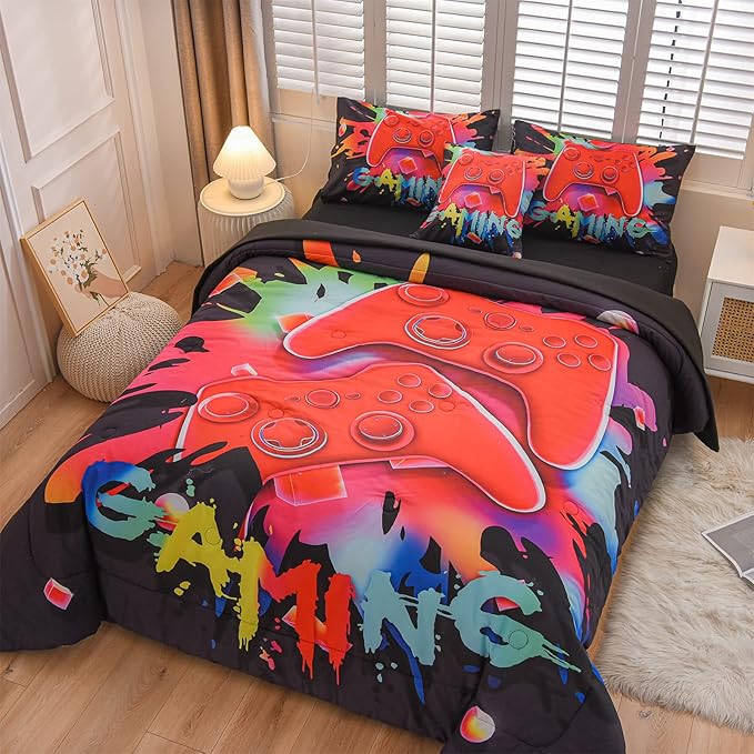 Aimuan Gamer Gaming Bedding Sets 3D Gamepad Comforter Sets for Boys Games Console Action Buttons Novelty Colorful Game Controller Modern Room Decor Home Quilt Set (Black, Twin 6PCS) - LeafyLoom