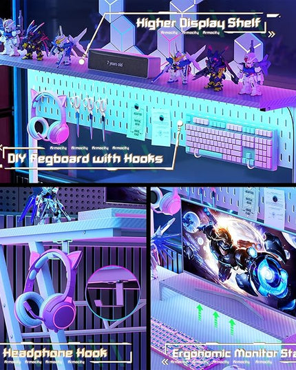 55'' White Gaming Desk with Hutch and LED Lights, Gaming Computer Desk with Storage Shelves & Z-Shaped Legs, Reversible PC Gaming Desk with Pegboard, Ergonomic Desk for Bedroom, Carbon Fiber Surface - LeafyLoom