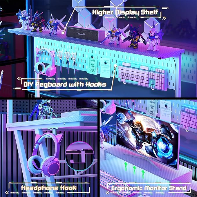 55'' White Gaming Desk with Hutch and LED Lights, Gaming Computer Desk with Storage Shelves & Z-Shaped Legs, Reversible PC Gaming Desk with Pegboard, Ergonomic Desk for Bedroom, Carbon Fiber Surface - LeafyLoom